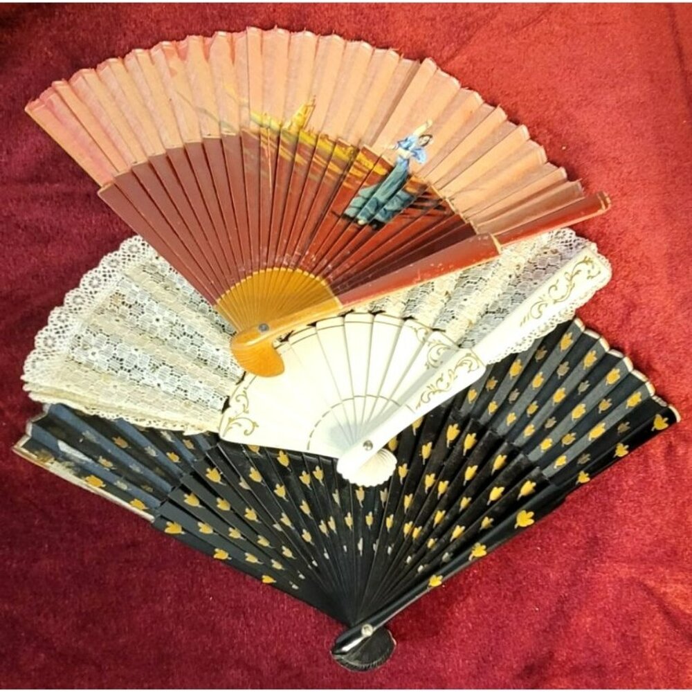 Spanish Hand Fans Lace and Paper, Painted and Decorative Vintage Set of 3 CT336